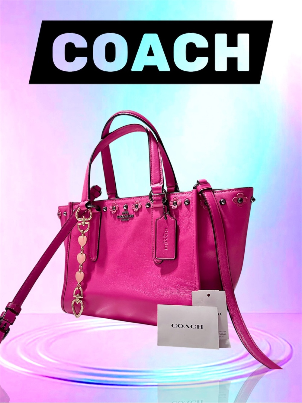 Rare Coach shoulder Bag Hot Pink Leather Tote bag Crossbody bag with Heart Charm - Picture 3 of 17